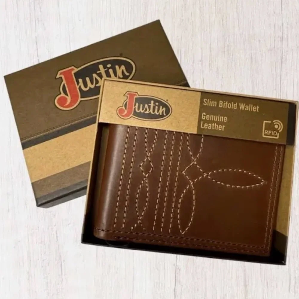 Nwt Justin Bootstitch Slim Bifold Wallet 100% Leather.
